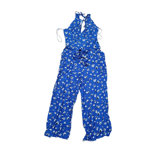 1. STATE Cabana Blue Floral Spaghetti Strap Keyhole Wide Leg Jumpsuit Size 4 - Picture 4 of 9